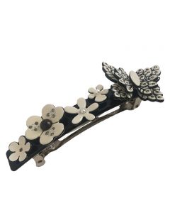 Ivory and Black Barrette with 3D Butterfly and Floral Multi-Dimensional Embelishments with Gold Strass and Pearls