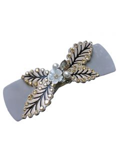 Grey Barrette with Golden Leaf Design with Citrine Zircons finished off with a 3D Floral Embelishment and Pearls