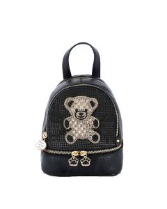 Large Faux Leather Backpack, Complete with a Black Sequinned anterior with a Gold Teddy Bear Design, finished with Gold Detailing