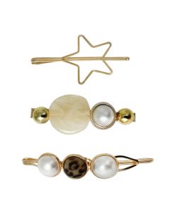 Set of 3 Gold Plated Hair Pins with an Opaque Opal Gemstone, finished off with Semi-Circled Pearls and a Leoporad Print Embelishment