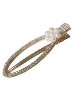 Gold Plated Elongated Oval Shaped Hair Clip with Pearl and Crystal Embelishments