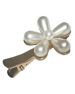 Small Gold Plated 3D Floral Design Hair Clip with Pearl Finishing