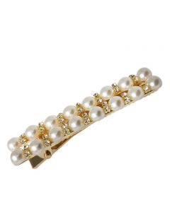 Gold Plated Rectangular Hair Clip with Crystal and Pearl Embelishments
