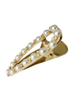 Medium Gold Plated Hair Clip with Crystal and Pearl Embelishments
