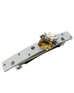 Grey Rectangular Barrette with a Centralized Citrine Quartz Gemstone with Multi-Dimensional Crystals and a 3D Floral Ivory Embelishment