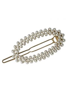 Gold Plated Oval Shaped Hair Pin with Triple Row Pearl Embelishments