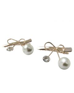 Set of 2 Gold Plated Hair Clips with Large Pearl and Crystal Embelishments and Bow Finishing