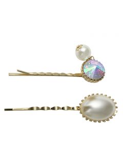 Set of 2 Gold Plated Hair Pins with Pearl and Mirrored Crystal Embelishments