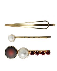 Set of 3 Gold Plated Hair Pins with Red Garnet Gemstones and Pearl Embelishments