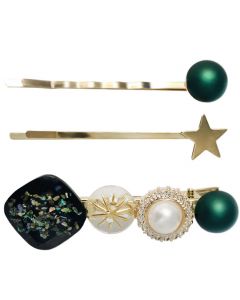Set of 3 Gold Plated Hair Pins with a Melanite Garnet Gemstone with Iredescent Flecks, finished off with a Pearl and Multidemensional Coloured Embelishments