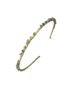 Chic Canary Yellow Headband with Multi-Dimensional Appliqué Beading and Transparent Crystals embedded in Gold Hued Casings
