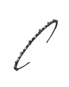 Chic Black Headband completed with Multi-Dimensional Emerald Green Appliqué Beading with Segregated Crystals enveloped in a Gold-Plated Casing and Metallic Gold Spherical Beading