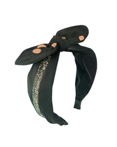 Black Fabric Headband with Orange Polkadotted Top Bow and finshed with a Sequined Cross-Band - by Moliabal