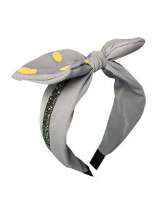 Grey Fabric Headband with Yellow Polkadotted Top Bow and finshed with a Sequined Cross-Band